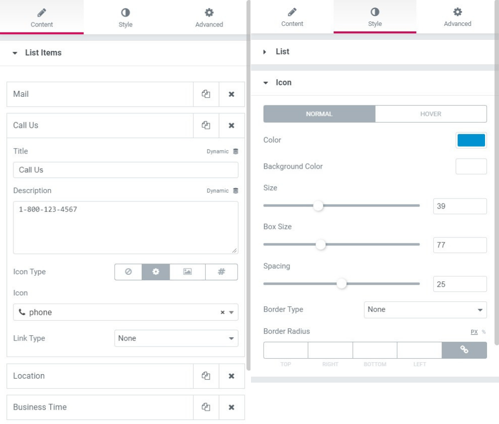 styling settings of info list widget