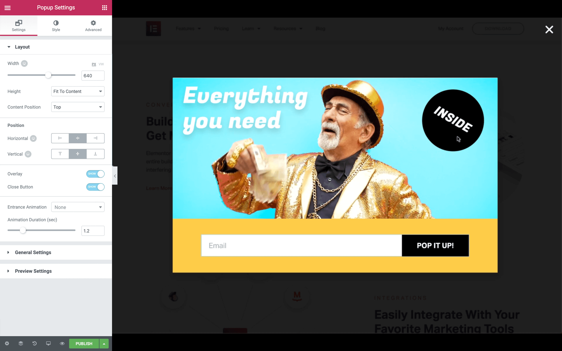 Elementor Popup Builder Settings Screenshot
