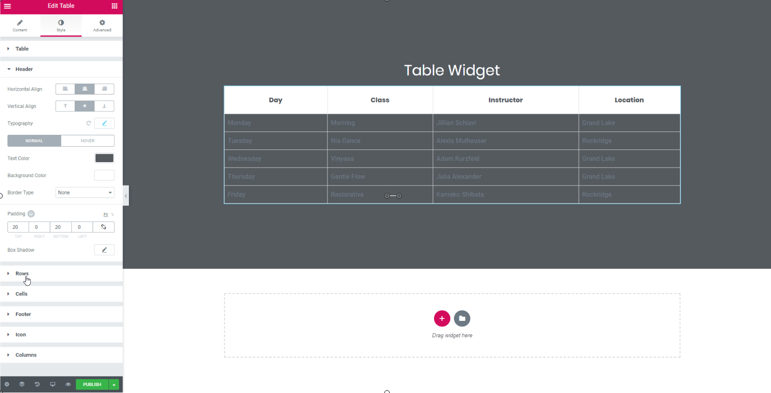 table widget for elementor