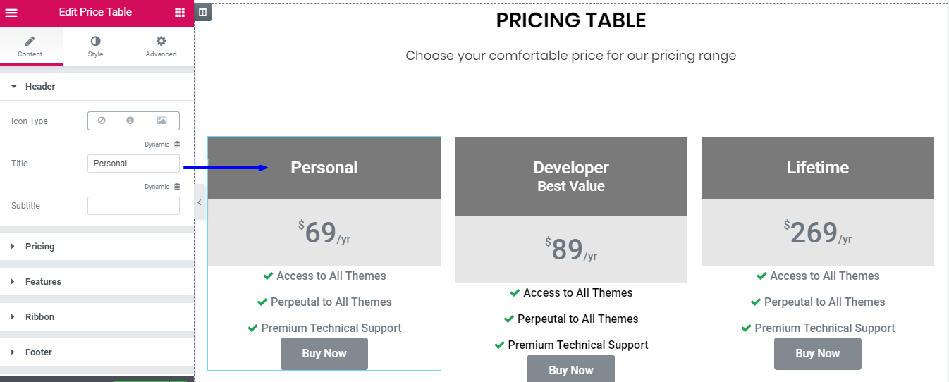 Header section elementor pricing table