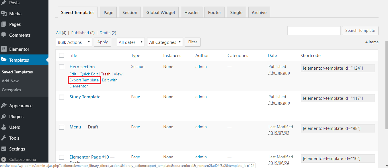 Import template. Elementor Templates my account. Import and Export dashboard Template.