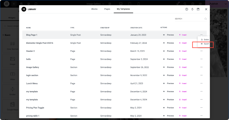 export elementor template