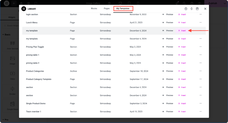 import saved template in elementor