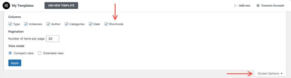 screen options