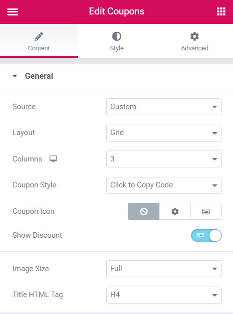 content tab of coupon widget