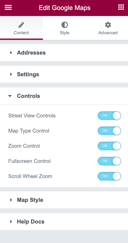 Controls in Google Map Widget