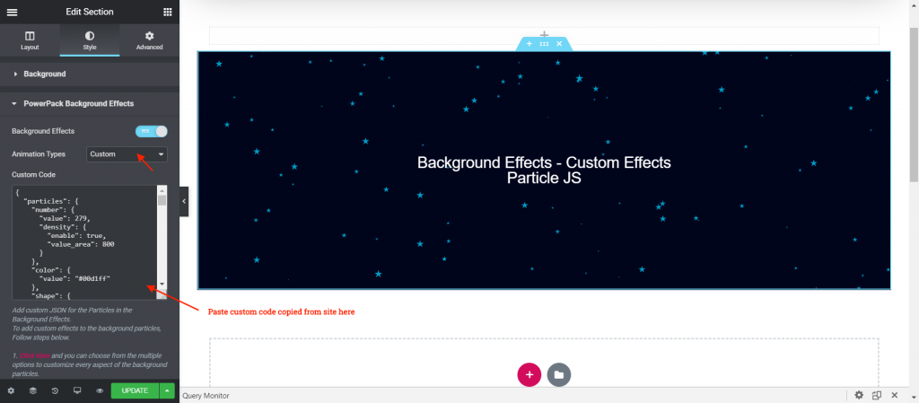 Paste the custom code to the Background Effects Custom Animation Type option