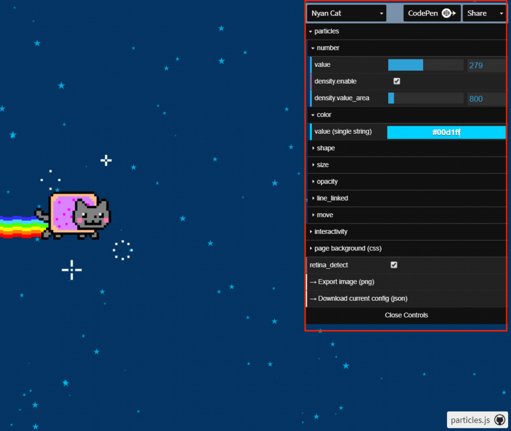 ParticleJS edit panel on https://vincentgarreau.com/particles.js/ site.