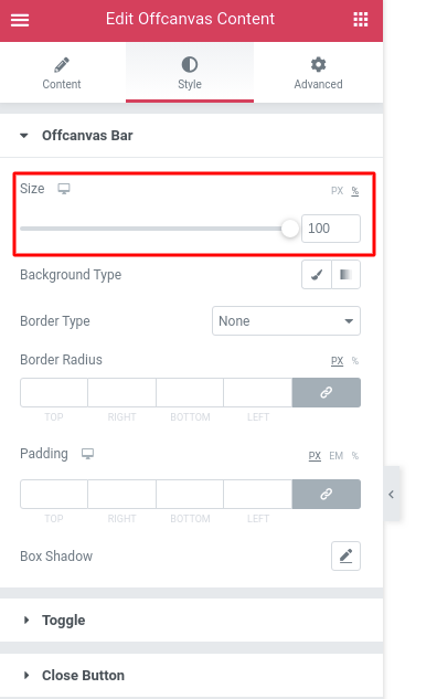 Size of Offcanvas Bar