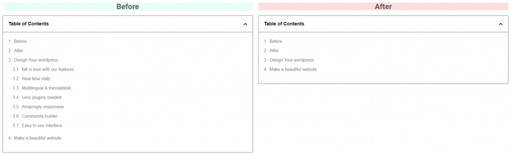 Table of Contents Before and After Excluding a Particular Section