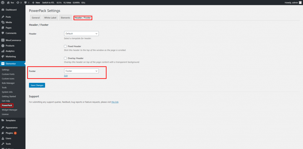 Set the page as Footer in the PowerPack's Admin Settings