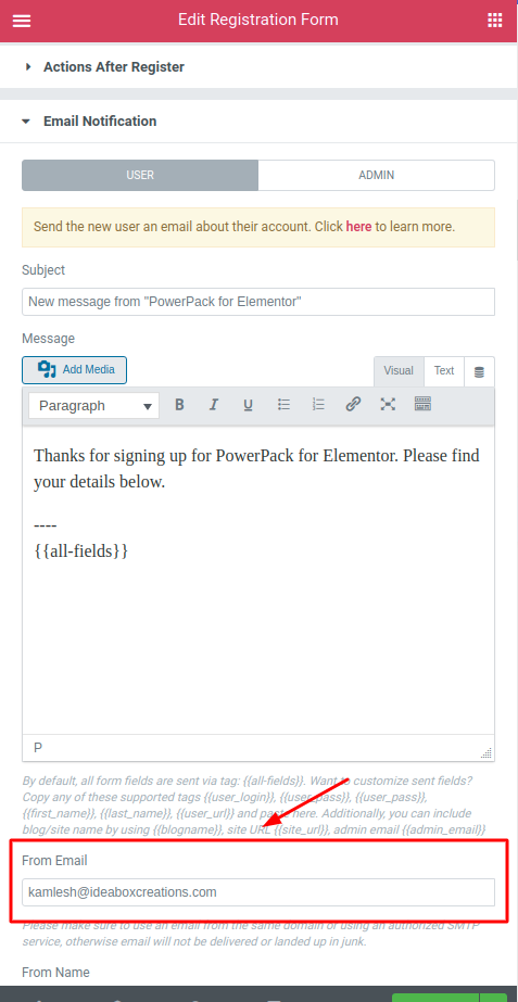 Setup From Email Address in Registration Form