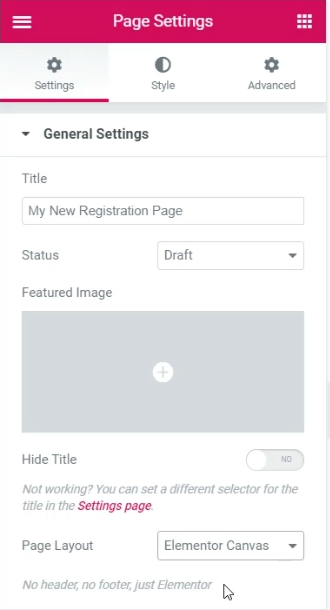 Page settings Registration