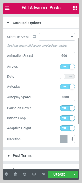 carousel options of posts widget