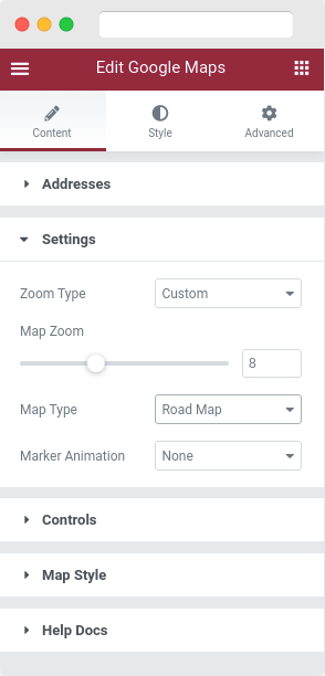 Settings Tab in Content Section of PowerPack’s Google Maps Elementor Widget