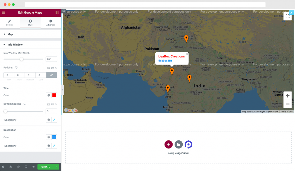 Info Window Styling in Style Tab of PowerPack’s Google Maps Elementor Widget