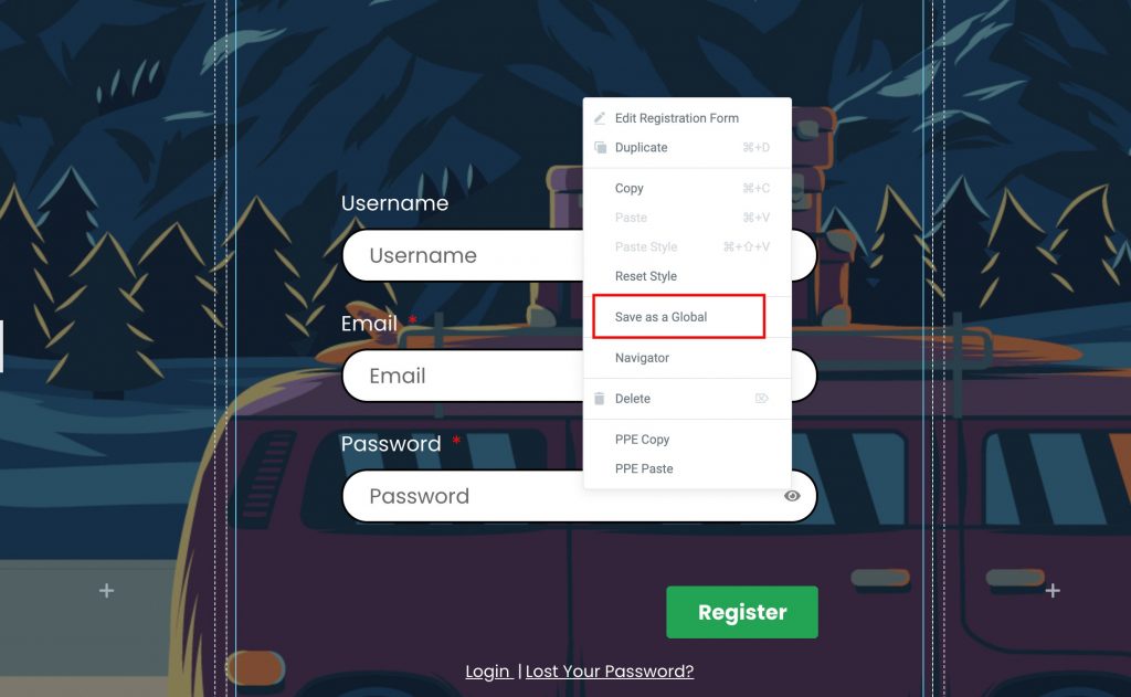 Save Registration Form as Global Widget