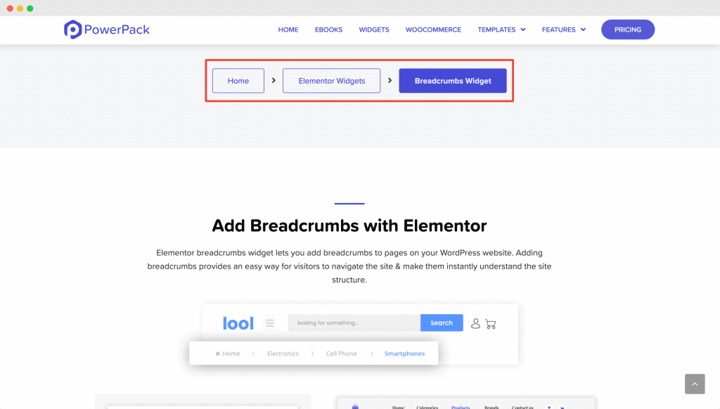 PowerPack’s Breadcrumbs Elementor widget