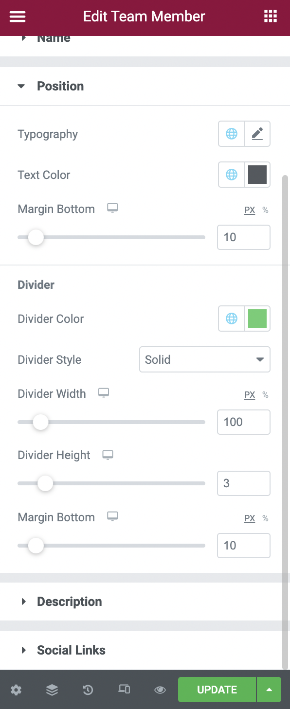 Position Section of the Style Tab in the Team Member Widget