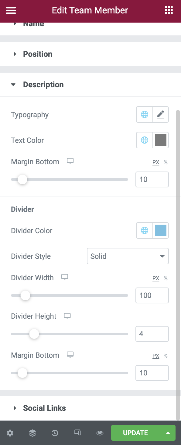 Description Section of the Style Tab in the Team Member Widget