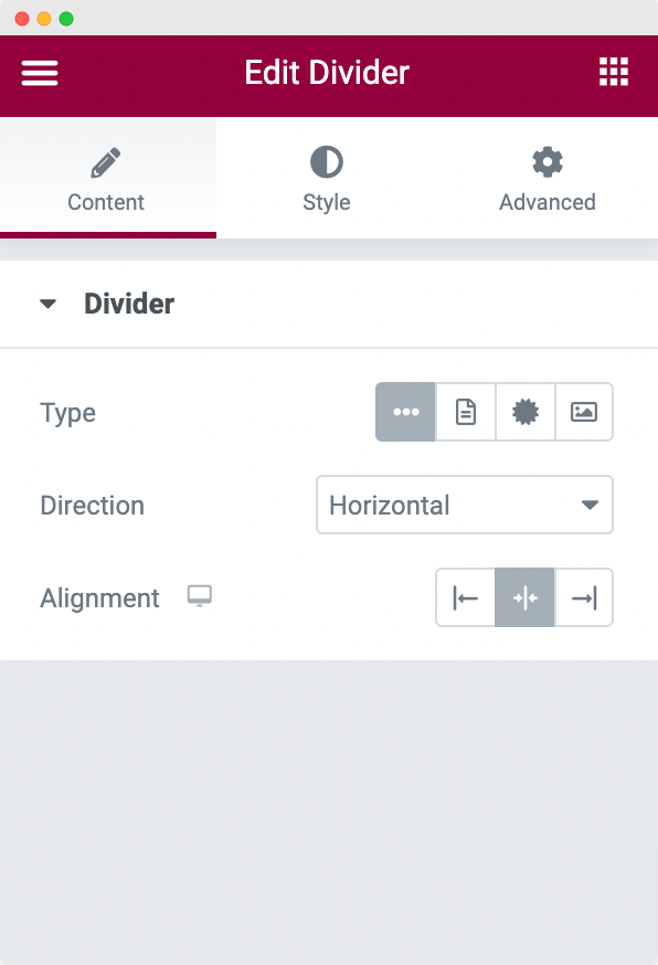 Content Tab of Divider Widget