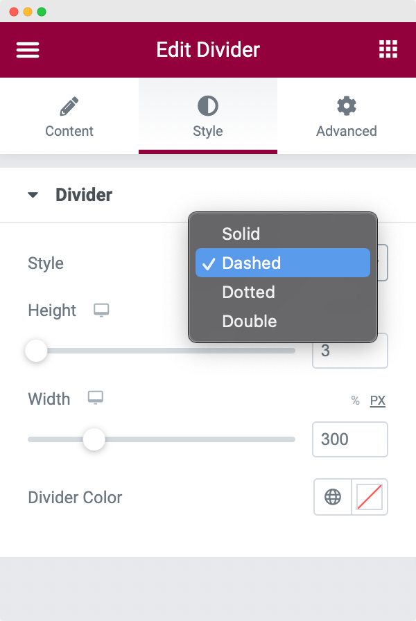 Style Tab of the Divider Widget