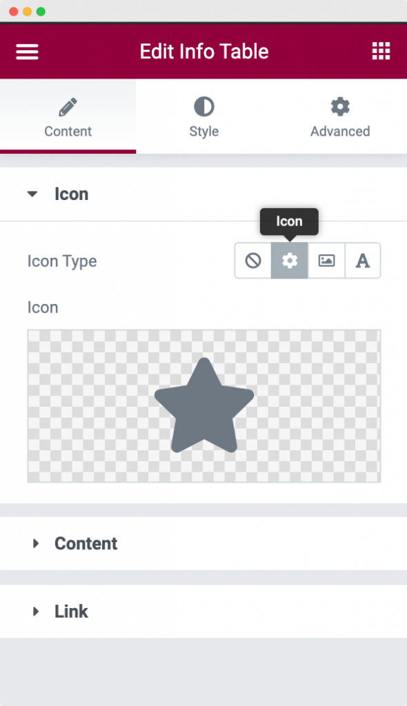Icon Section in Content Tab of Info Table Widget