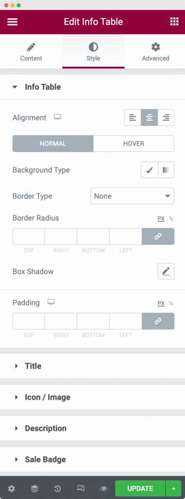 Info Table Section in the Style Tab of Info Table Widget