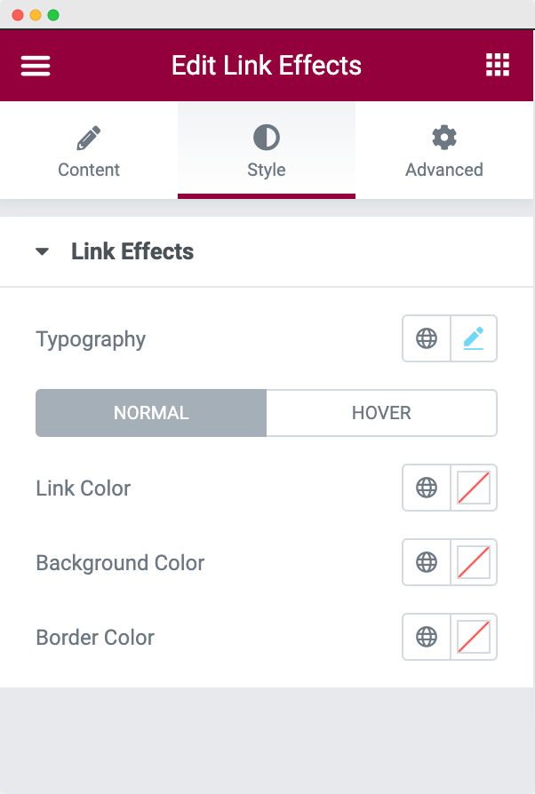 Style Tab of Link Effects Widget