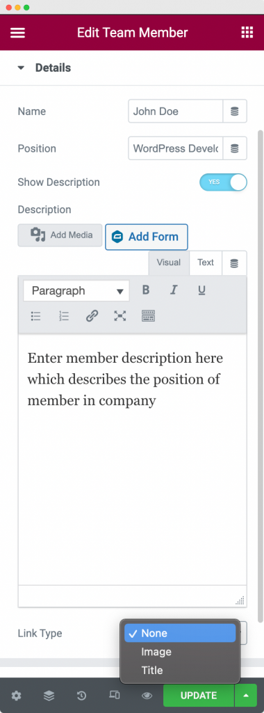 Details Section of the Content Tab in Team Member Widget