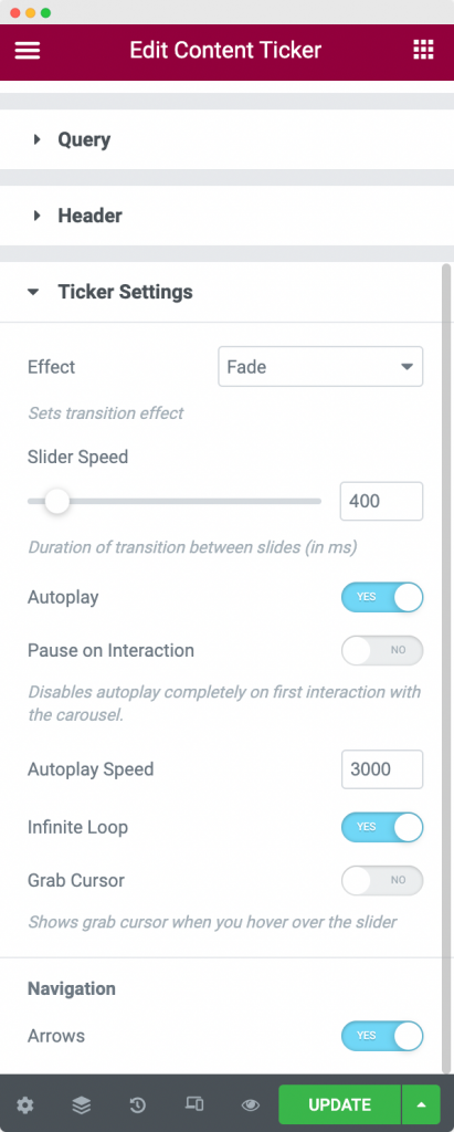 Ticker Settings in the Content Tab of the Content Ticker Widget