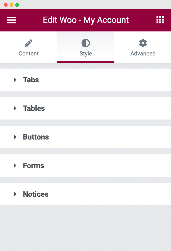 Style Tab of WooCommerce My Account Widget