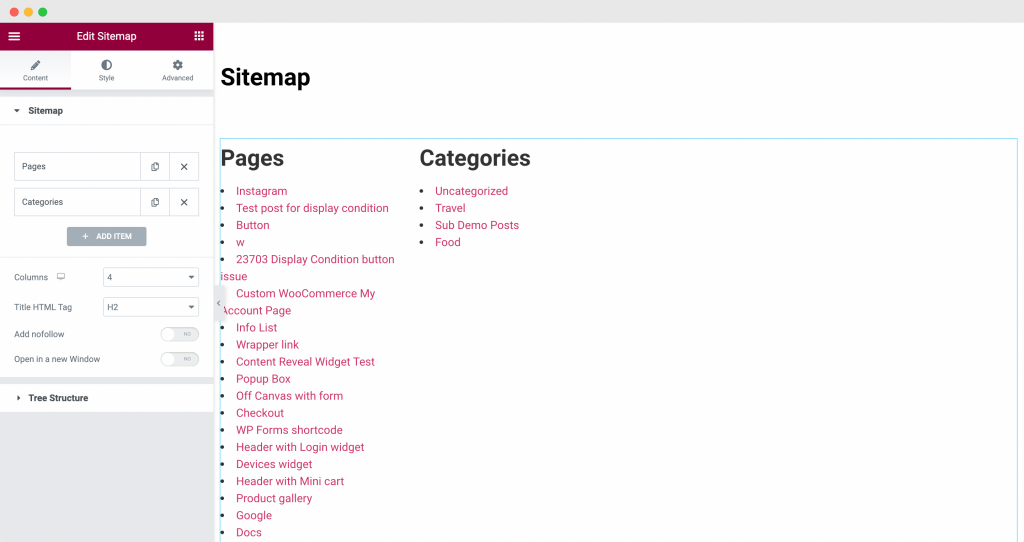 An Elementor page containing PowerPack's Sitemap Widget