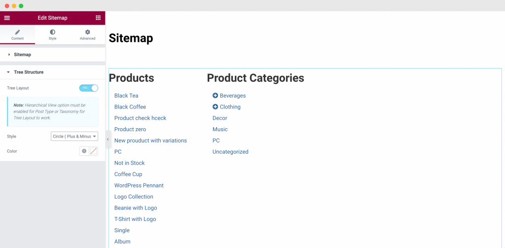 Tree Structure in Content Tab of Sitemap Widget