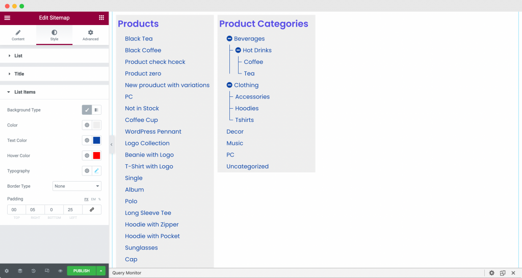 Styling the List Items in the PowerPack Elementor's Sitemap Widget