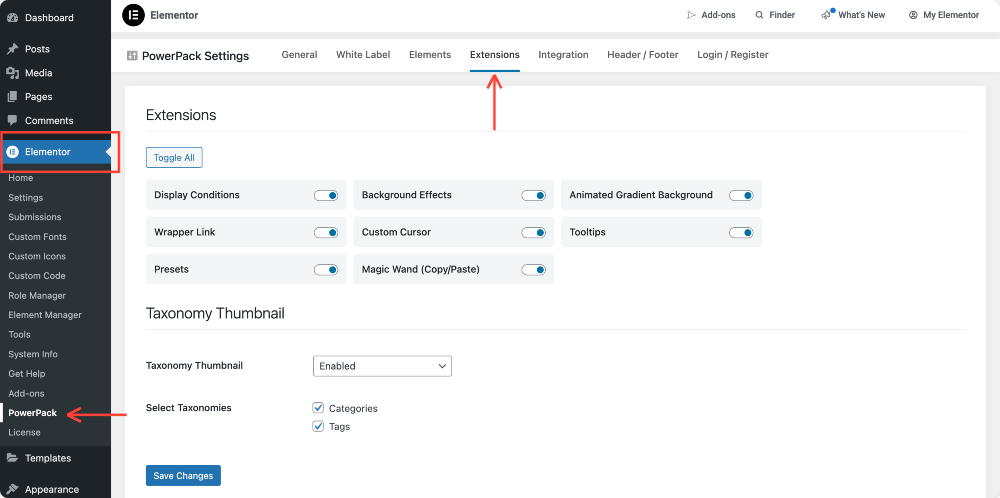 powerpack extensions page