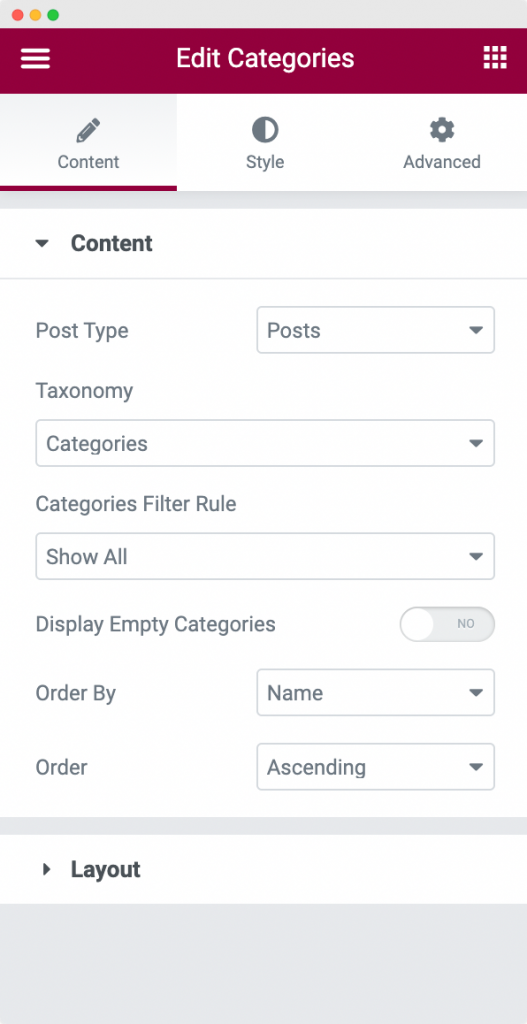 Content Section in Categories Widget