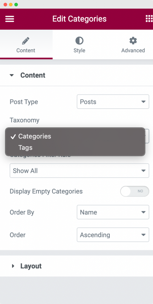 Taxonomy Option in the Content Section of Categories Widget