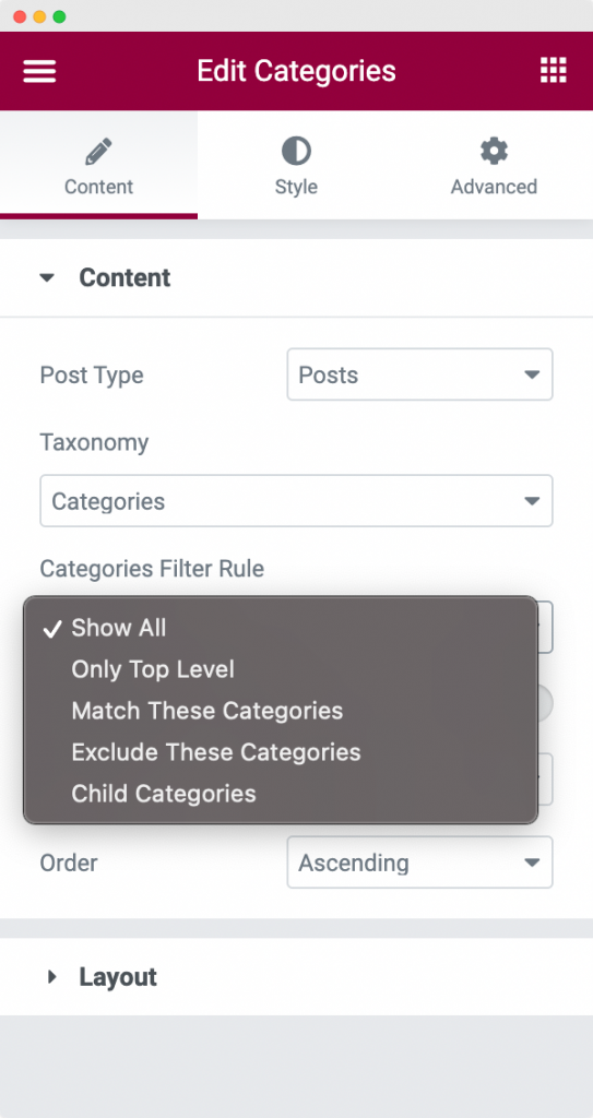 Categories Filter Rule option in the Content Section of the Categories Widget
