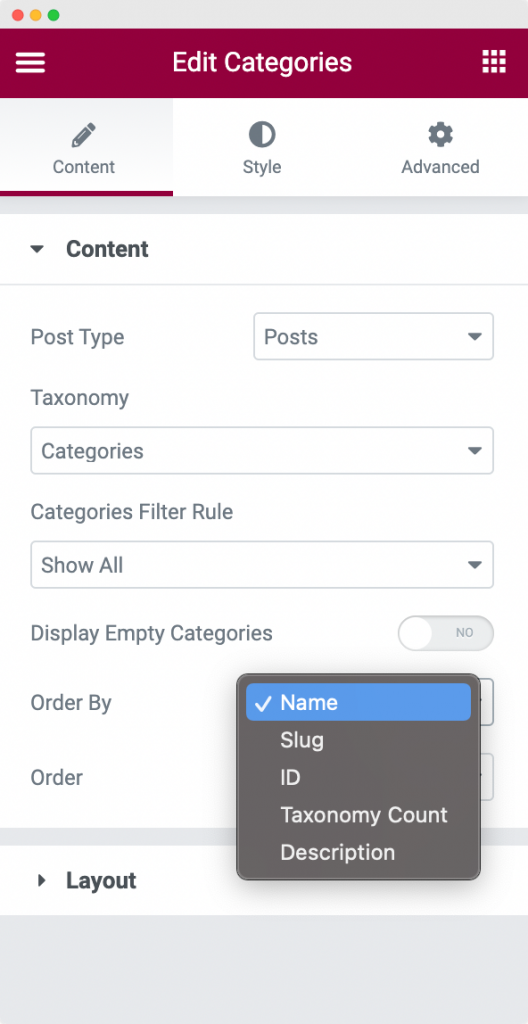 Order By option in the Content tab of the Categories Widget