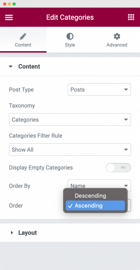 Order option in the Content section of the Categories Widget