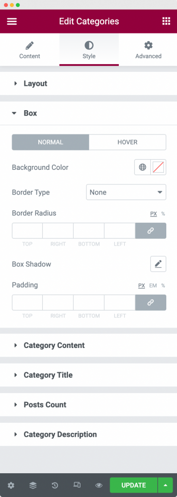 Box Section in the Style Tab of the Categories Widget