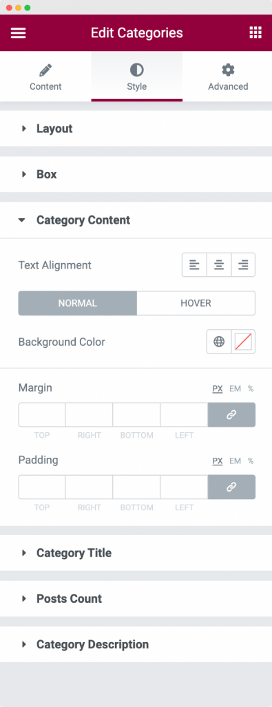 Category Content Section in the Style Tab of the Categories Widget