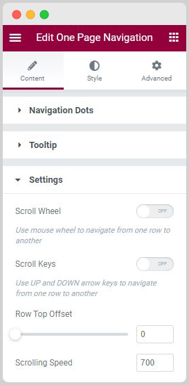 Settings Section of Content Tab