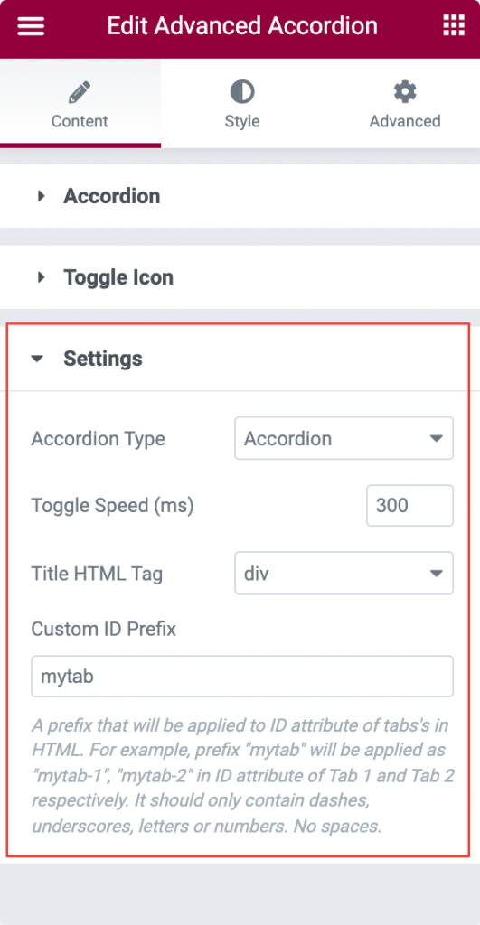 Settings Tab in Accordion Widget for Elementor