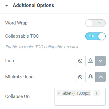 Additional options in the content tab of Table of Contents widget