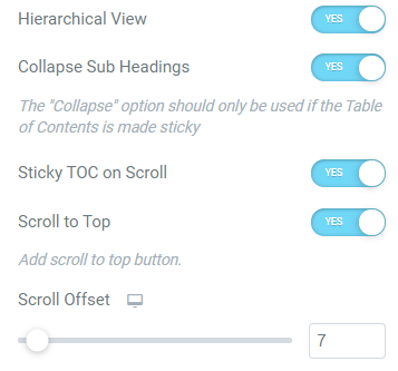 Enable the additional options of the table of contents