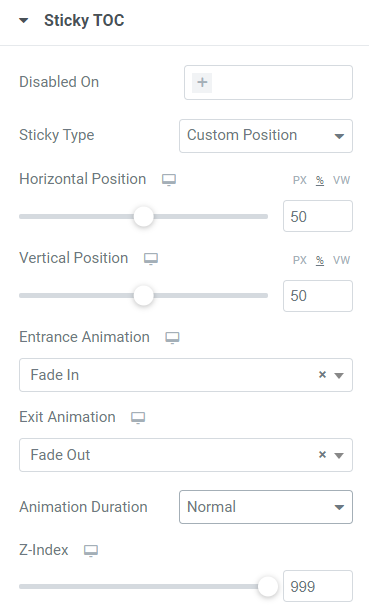 Sticky TOC options available in the content tab