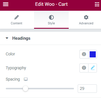 Headings section of the Woo - Cart widget