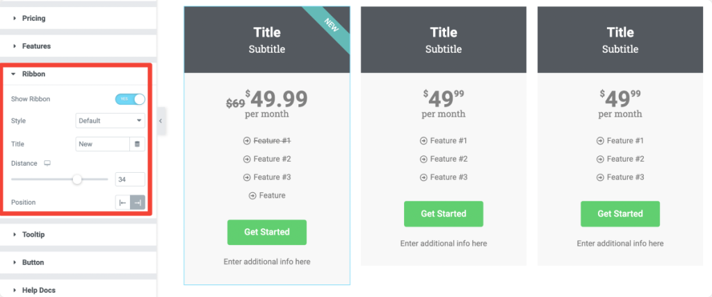 ribbon feature of pricing table widget